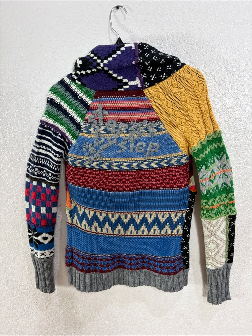 Desigual Multicolor Patchwork Zip-Up Sweater with Gray Trim,Size M. - Picture 8 of 17